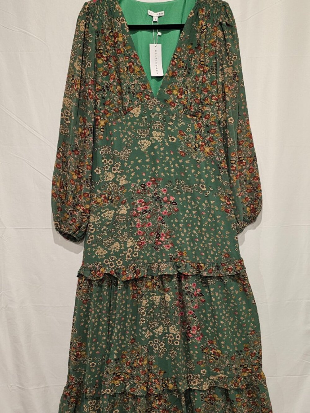 NWT Baltic Born Bowman Maxi Dress L Green Floral Deep V Long Sleeve Boho